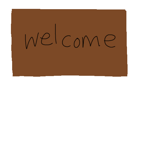stick figure holding a brown wooden sign that has the word welcome on it over his head